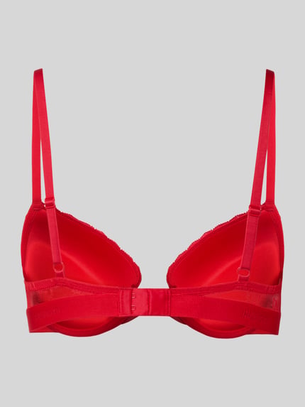 Produktfoto, czerwony BH z koronką model 'Sartorial Push-Up' od HUGO, gładki, z nadrukiem logo, cienkie ramiączka, fiszbiny, zbliżenie