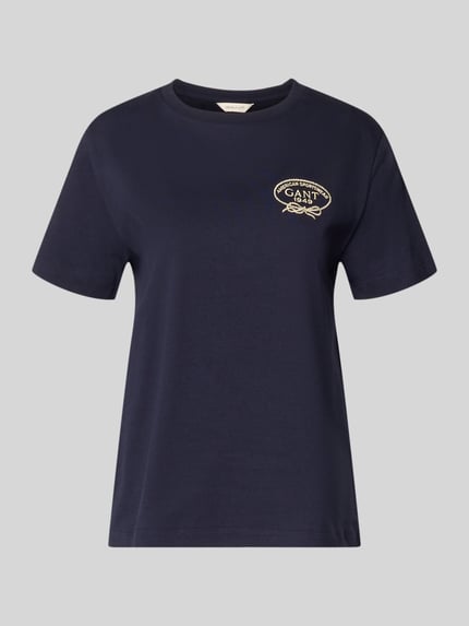 Produktfoto, T-Shirt mit Rundhalsausschnitt und Logo von Gant aus reiner Baumwolle, Regular Fit, dunkelblau mit Logo, glatte Textur