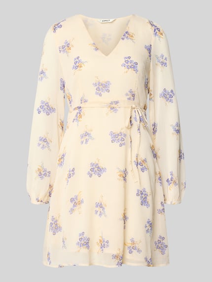 Produktfoto, Minikleid aus Chiffon Modell 'MIRIAM-FUSINA' von Only mit Florales-Allover-Muster, V-Ausschnitt, Taillengürtel, Ballonärmel, Länge Mini, Materialverarbeitung Chiffon, Farbe Creme-Lila