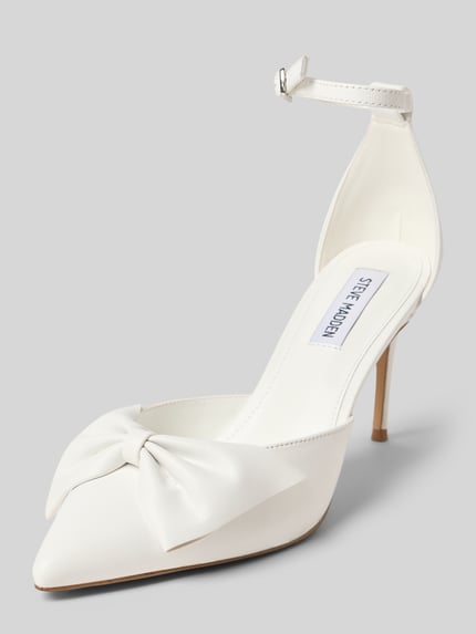 Produktfoto, Pumps mit Zierschleife Modell 'Lorina' von Steve Madden, weißer Leder-Mix, spitze Form, glatte Sohle, hoher schmaler Absatz, Größe 40, stilvolle Damenoptik