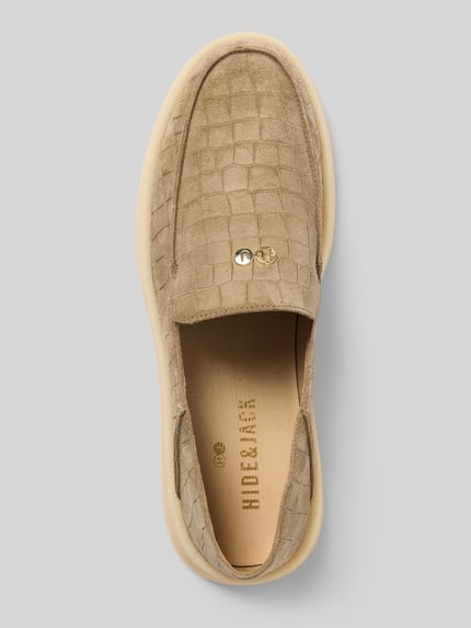 Produktfoto, Slipper mit logo-applicatie model 'Riva' van Hide&Jack, slangenmotief, afgeronde pasvorm, gladde zool, dames, maat 44, hakhoogte 3 cm, schachthoogte 5 cm, schachtbreedte 13 cm
