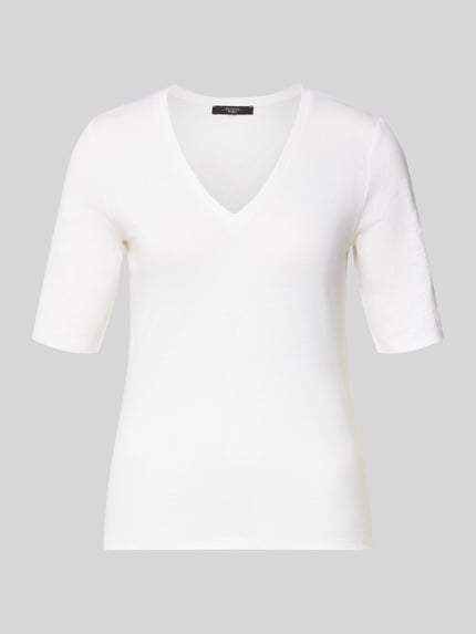 Produktfoto, Regular Fit T-Shirt aus Leinen-Mix Modell 'OPZIONE' von Weekend Max Mara, Optik: Unifarben, Feinstrick, V-Ausschnitt, Kurzarm, Logo-Print, Damen T-Shirt