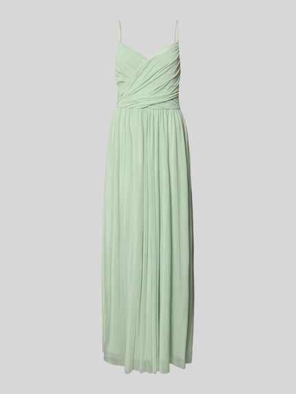 Produktfoto, Maxikleid aus fließendem Stoff Modell 'Cathleen' von GUIDO MARIA KRETSCHMER WOMAN in zartem Mintgrün, Wickel-Optik, verstellbare Spaghettiträger, taillierter Schnitt, strukturierte Falten, Rückseite und Brustweite 125 cm bzw. 37 cm bei Größe 36.