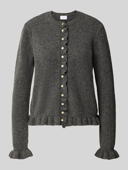 Productfoto, Cardigan met ronde hals model 'jacia' van VILA voor dames, mix van materialen met wol, regular fit, knoopsluiting, ruches, ruglengte maat S 55 cm, mouwlengte maat S 64 cm, grijs, zachte textuur
