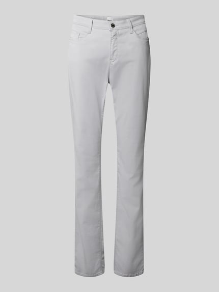 Produktfoto, weiße Flared Fit Jeans mit Lyocell-Anteil Modell 'Mary' von Brax, 5-Pocket-Design, elastischer Baumwoll-Mix, klassische Denim-Textur
