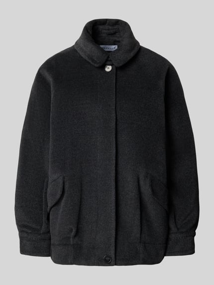 Produktfoto, dunkelgraue Jacke aus reiner Schurwolle mit Umlegekragen, Seitentaschen und verdecktem Verschluss, Modell 'CORONA' von Marella