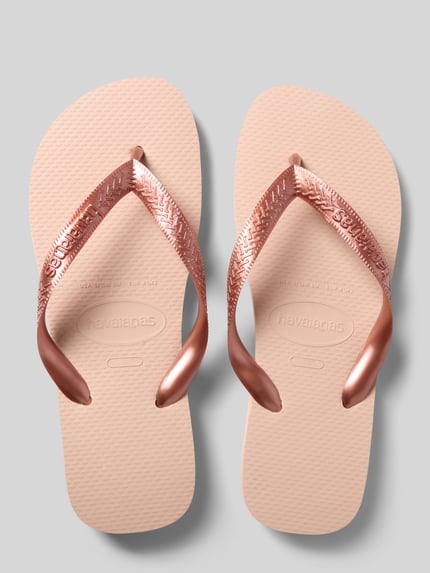 Produktfoto, Zehentrenner mit Label-Detail van Havaianas, dames teenslippers met afgeronde punt, comfortmodel, platte zool, metallic, hakhoogte maat 39/40: 1 cm
