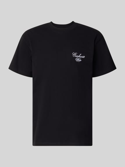 Produktfoto, zwart t-shirt met gestikt logo, puur katoen, relaxed fit, ronde hals, ruglengte bij maat M 66 cm, T-Shirt met Logo-Stitching Model 'Gracious' van Carhartt Work In Progress