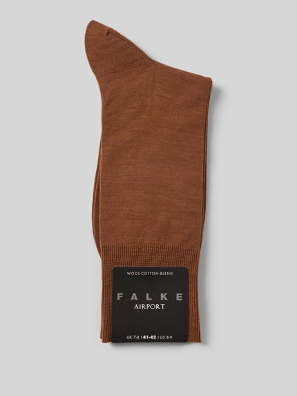 Produktfoto, skarpety z mieszanki żywej wełny z bawełną Model 'AIRPORT' od FALKE w kolorze brązowym z prążkowanym ściągaczem, z napisem z logo