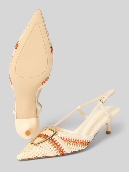 Productfoto, Pumps uit leer met naaldhak van Marc Cain Bags & Shoes, echt leer, puntige neus, riempje met doornsluiting, hakhoogte maat 40: 6 cm, crèmekleurig met oranje en beige accenten, gestructureerd oppervlak