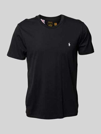Produktfoto, T-Shirt mit Logo-Stitching von Polo Ralph Lauren in Schwarz, reine Baumwolle, gerade Passform, Rundhalsausschnitt, dezente Textur