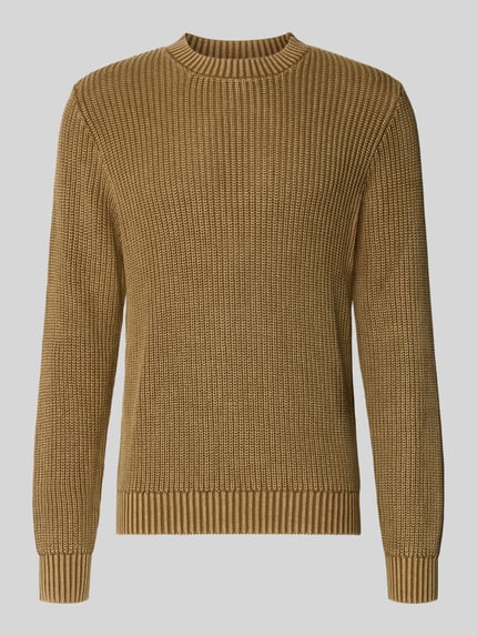 Produktfoto, sweter z dzianiny z prążkowanymi wykończeniami od Antony Morato, bawełna, krój regular fit, Długość tyłu w rozmiarze M: 70 cm, Długość rękawów w rozmiarze M: 69 cm, kolor jasnobrązowy, faktura wyraźnie widoczna