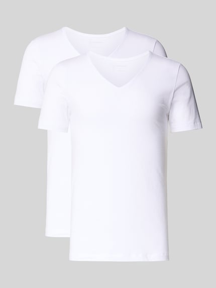 Produktfoto, T-Shirt mit geripptem Rundhalsausschnitt im 2er-Pack von Christian Berg Men, biały, gładki, mieszanka bawełny i modalu, krój regular fit.