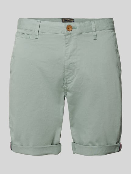 Produktfoto, Regular Fit Shorts mit Münztasche von Superdry in Mintgrün aus Elastischer Baumwoll-Mix, Gesäßtaschen, Knopf-Reißverschluss, Bundweite 44 cm, Innenbeinlänge 20 cm, Herrenshorts