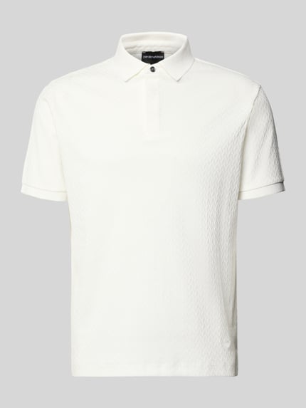 Produktfoto, Slim Fit Poloshirt mit Strukturmuster von Emporio Armani aus Reine Baumwolle, verdeckte Knopfleiste, Rückenlänge 64 cm Größe M, weiße Farbe, feine Struktur