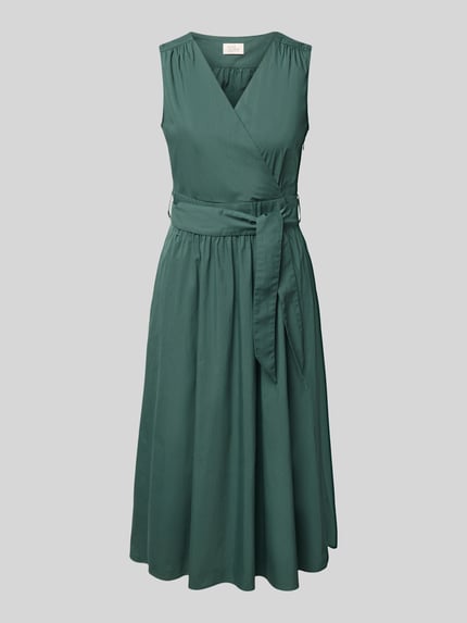 Produktfoto, grünes A-Linien Midikleid mit V-Ausschnitt und Bindegürtel aus Baumwoll-Mix, ROBE LÉGÈRE, fließende Textur