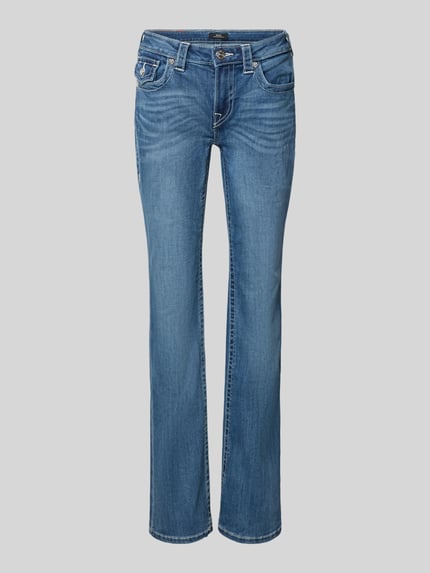 Produktfoto, blaue Bootcut-Jeans aus Baumwoll-Mix Modell 'BECCA' von TRUE RELIGION, Damen Bootcut-Jeans, leichter Used-Look, glatte Textur