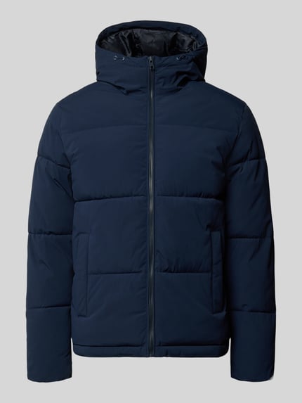 Produktfoto, dunkelblaue Steppjacke mit Kapuze Modell 'GALAXY' von JACK & JONES, strukturierte Oberfläche, Reißverschluss, Eingrifftaschen
