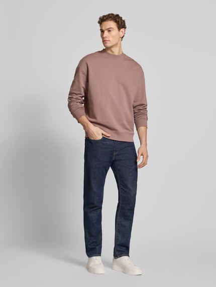 Männermodel trägt Regular Fit Sweatshirt aus reiner Baumwolle Modell 'DAPOCREW' von HUGO, braun, unifarben, Rundhals, Ganzkörperansicht von vorne.