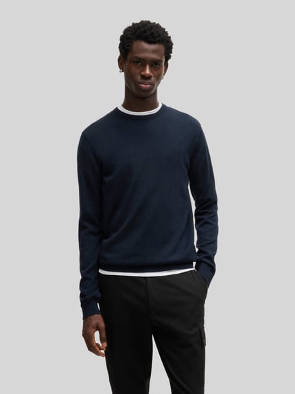HUGO Sweter z dzianiny o kroju regular fit z czystej wełny model „SAN CEDRIC” Granatowy 4