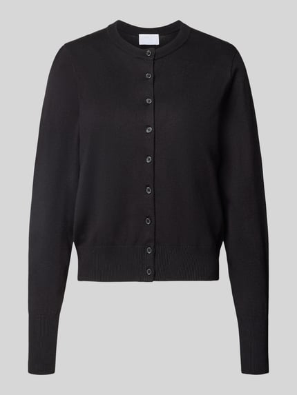 Produktfoto, Cardigan mit dekorativen Ärmelknöpfen von JAKE*S WOMAN COLLECTION in Schwarz, cropped Länge, runde Knöpfe, gerippte Abschlüsse, unifarbene Optik, Regular Fit.