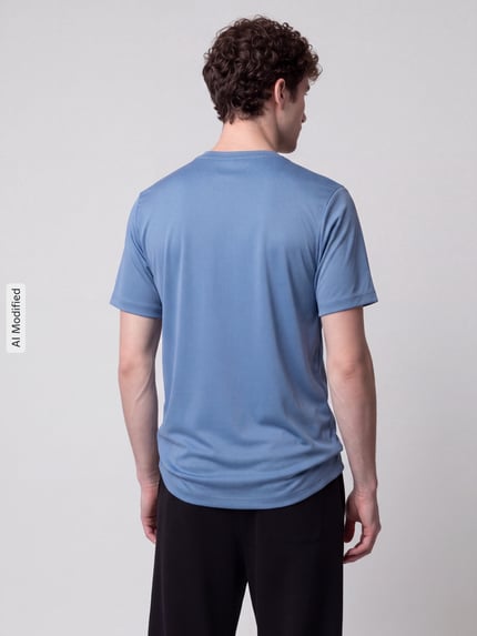 Männermodel trägt Regular Fit Sport-T-Shirt mit Logo-Print von Nike in Hellblau, glatte Textur, Herren Sport-T-Shirt, Ganzkörperansicht Rückansicht, KI-modifiziertes Bild.