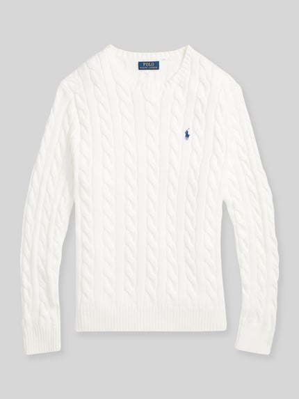 Produktfoto, Regular Fit Strickpullover aus reiner Baumwolle van Polo Ralph Lauren, wit met kabelpatroon, logo-detail, geribde boorden, ronde hals, heren strickpullover