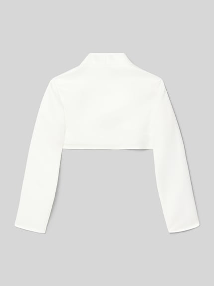 Produktfoto, weißer Bolero mit Stehkragen von Weise, Regular Fit, glatte Textur, Schulterbreite 31 cm, Rückenlänge 26 cm, Ärmellänge 46 cm.