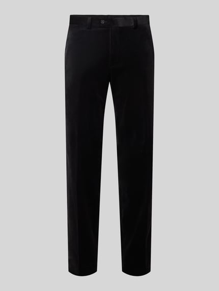 Produktfoto, Slim Fit Samthose mit Stretch-Anteil von MCNEAL in Schwarz, samtige Textur, sichtbarer Knopf- und Reißverschluss, Gürtelschlaufen, elastischer Material-Mix, Eingrifftaschen, Bundweite 45 cm, Innenbeinlänge 82 cm