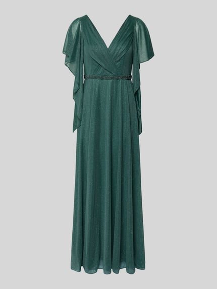 Produktfoto, Maxikleid in Glitzer-Optik mit V-Ausschnitt von Vera Mont, grün, taillierte Passform, Falten-Optik, Volantärmel, Ziersteinbesatz