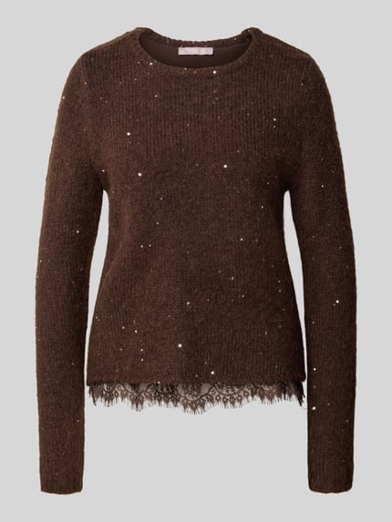 Productfoto, Regular Fit Pullover met Woll-Mohair-Anteil van Christian Berg Woman Selection in bruin, Materiaalmix, Tricotlook, met pailletten, Met lange mouwen, met kant, Ruglengte maat S 47 cm, Mouwlengte maat S 67 cm.