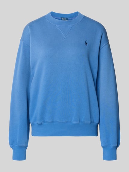 Produktfoto, Sweatshirt mit Label-Stitching van Polo Ralph Lauren in blauw, katoenmix, los model, ribboorden, ronde hals, damesmode.