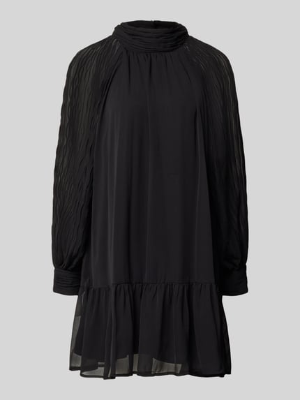 Produktfoto, zwart mini-jurk met opstaande kraag en lange transparante mouwen, vloeiende stof, A-lijn, Model 'OLERA' van YAS, Dames, Ruglengte maat 36: 85 cm, Borstwijdte maat 36: 50 cm, Mouwlengte maat 36: 60 cm