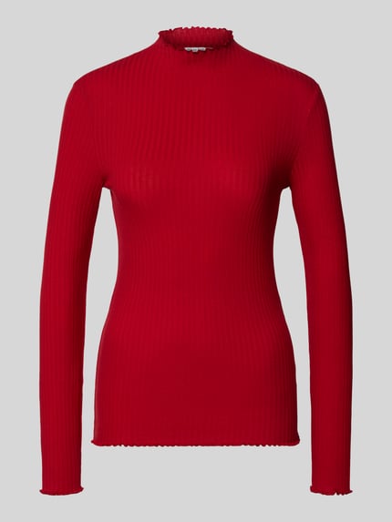 Produktfoto, Slim Fit Langarmshirt aus Lyocell-Mix von Marc O'Polo Denim in Uni-Rot mit Frill-Abschlüssen, gestreifter Webware-Optik
