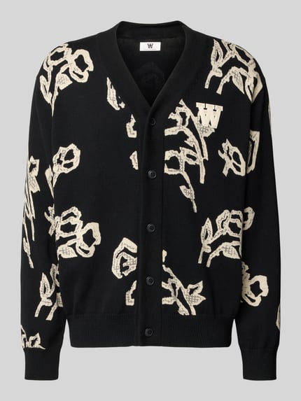 Produktfoto, Cardigan im Allover-Look Modell 'Leif' von Wood Wood in Schwarz mit cremefarbenem Muster, Bio-Baumwolle, Regular Fit, V-Ausschnitt, Knopfleiste