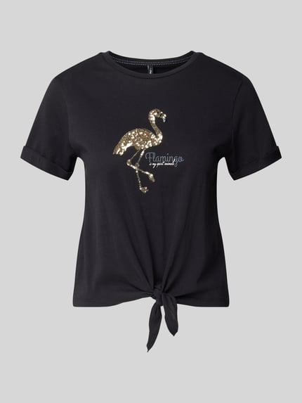 Produktfoto, Regular Fit T-shirt uit puur katoen model 'DORA LIFE' van Only met look: effen, paillettenapplicatie, knoopdetail, ronde hals, korte mouw