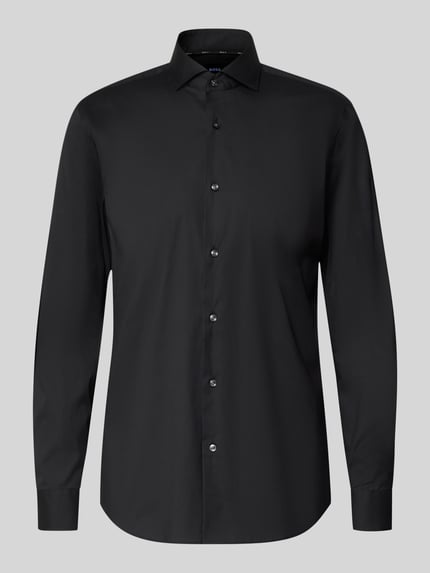 Produktfoto, Slim Fit Business-Hemd mit Stretch-Anteil Modell 'Hank Hai' von BOSS, uni schwarz, Haifischkragen, Knopfleiste, Baumwoll-Mix