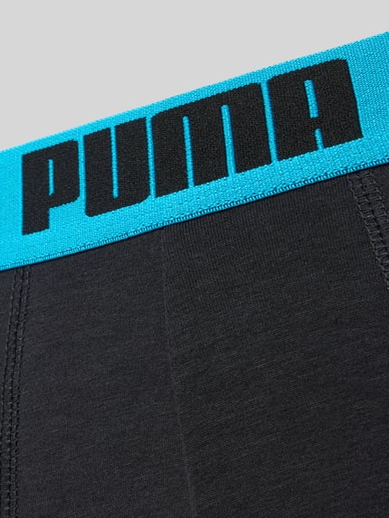 Produktfoto, schwarzer Baumwoll-Mix mit türkisfarbenem Bund und PUMA-Logo, glatte Struktur, Slim Fit Boxershorts aus Baumwoll-Mix im 2er-Pack Modell 'EVERDAY' von PUMA, Herren Boxershorts von PUMA