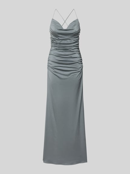 Produktfoto, Abendkleid mit Wasserfall-Ausschnitt von Laona aus glänzendem grauem Satin, körpernahe Passform, Maxi-Länge, ärmel- und schulterloses Design, Spaghettiträger mit gekreuztem Rücken, glatte und strukturierte Textur, Rückenlänge bei Größe 36: 164 cm, Brustweite 36 cm.