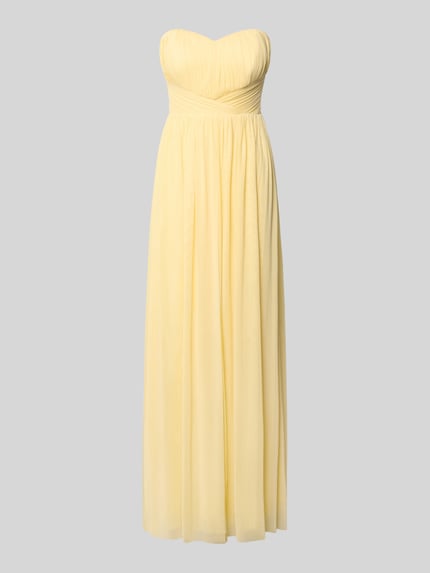 Produktfoto, Cocktailkleid im Off-Shoulder-Look von Lipsy in zartem Gelb, Maxikleid, taillierter Schnitt, Material-Mix mit Stretch-Anteil, feine Raffung, Rückenlänge 132 cm in Größe 36, Brustweite 40 cm in Größe 36