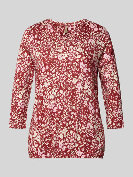 Produktfoto, Longsleeve mit 3/4-Ärmel Modell 'Felicity' von Soyaconcept im roten Baumwoll-Viskose-Mix mit floralem Muster, Slim Fit, V-Ausschnitt.