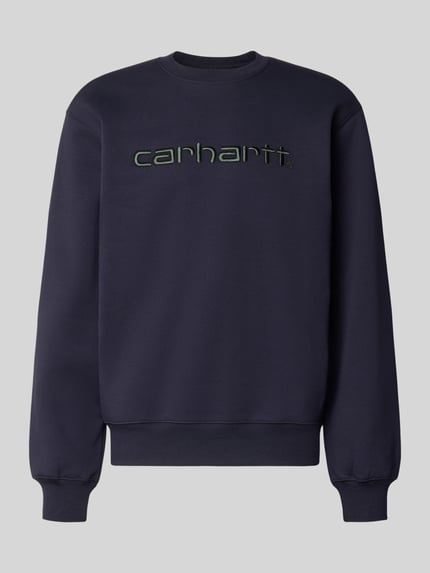 Produktfoto, Regular Fit Sweatshirt aus Baumwoll-Mix mit Logo-Stickerei von Carhartt Work In Progress, dunkelblau, gerippte Abschlüsse, Langarm, Rundhalsausschnitt, glatte Textur