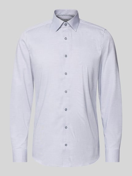 Produktfoto, Slim Fit Businesshemd aus Baumwoll-Mix mit Kentkragen von OLYMP Level Five in Hellgrau, elastischer Stoff, lange Ärmel, durchgehende Knopfleiste, sportliche Manschetten