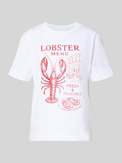 Produktfoto, T-shirt met motiefprint van Rich & Royal in wit en rood, puur katoen, regular fit, ronde hals, ruglengte maat S 58 cm