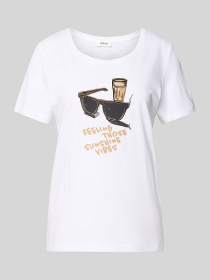 Produktfoto, damski t-shirt Regular Fit T-Shirt aus reiner Baumwolle od s.Oliver RED LABEL, efekt: jednolity kolor, nadruk z motywem, ozdobne perełki, okrągły dekolt, krótki rękaw, bawełna