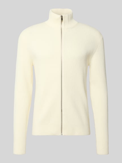 Produktfoto, Strickjacke mit Reißverschluss von Lindbergh in Creme, Baumwoll-Mix, taillierte Passform, Stehkragen, glatte Textur