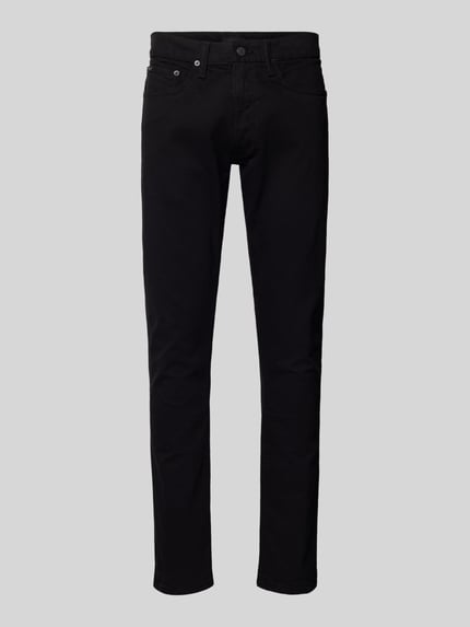 Produktfoto, Slim Fit Jeans mit 5-Pocket-Design von Polo Ralph Lauren z mieszanki bawełny i elastanu, kolor czarny, widoczne zapięcie na guzik i zamek błyskawiczny, kontekst: męskie jeansy, szerokość w pasie 42 cm, długość wewnętrzna nogawki 85 cm, rozmiar 32/34