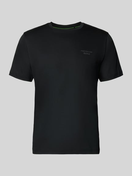 Produktfoto, schwarzes Regular Fit T-Shirt aus reiner Baumwolle Modell 'PS Spirit 70 Grx' von BOSS Green X PORSCHE, unifarben, mit Label-Applikation und Rundhalsausschnitt, glatte Textur, kurzarm, 4way Stretch