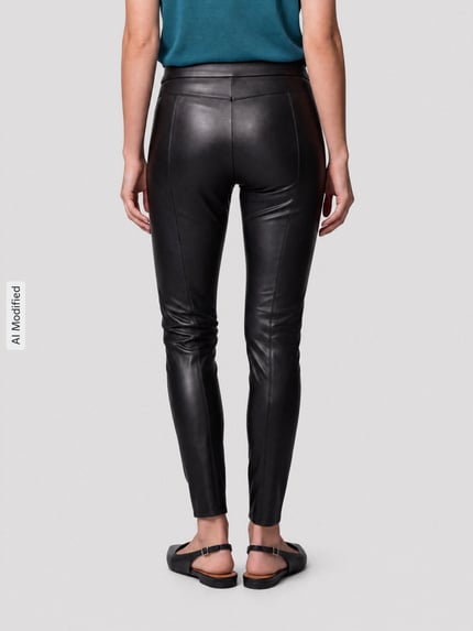 Vrouwenmodel draagt Slim Fit Kunstlederhose aus Viskose-Mix model 'RESA' van Raffaello Rossi uit de Dames leercollectie, volledige rugaanzicht.