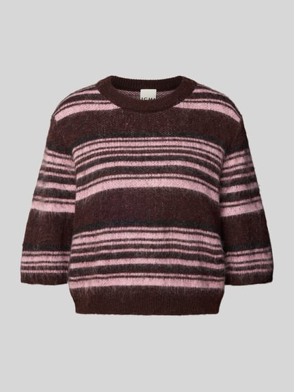 Produktfoto, Relaxed Fit Strickpullover aus Woll-Mix Modell 'ALLO' van ICHI, streepmotief in roze en bruin, 1/2-mouwen, zachte textuur